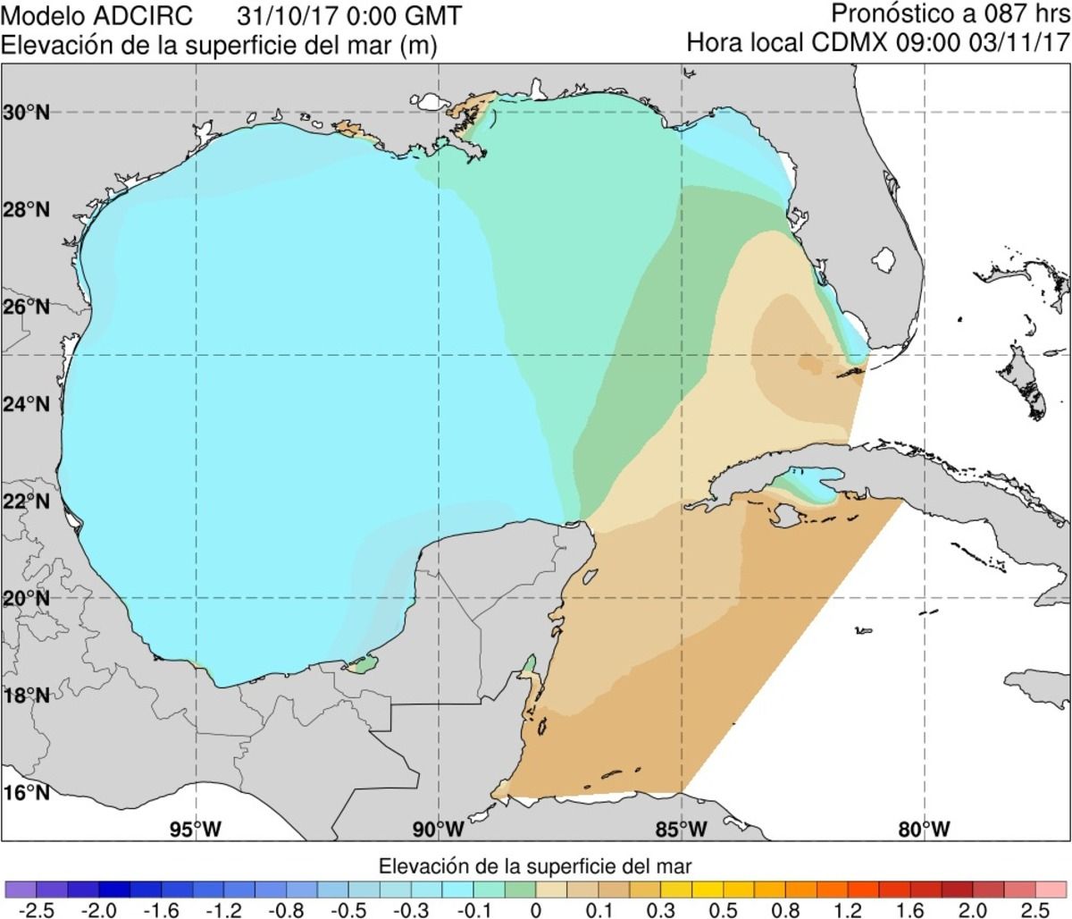  Figura 45. Ejemplo del producto gráfico de elevación de la superficie del mar para el dominio del Golfo de México del modelo ADCIRC.