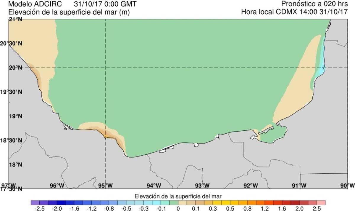 Figura 47. Ejemplo del producto gráfico de elevación de la superficie del mar para el acercamiento a las costas mexicanas al sur del Golfo de México (modelo ADCIRC)