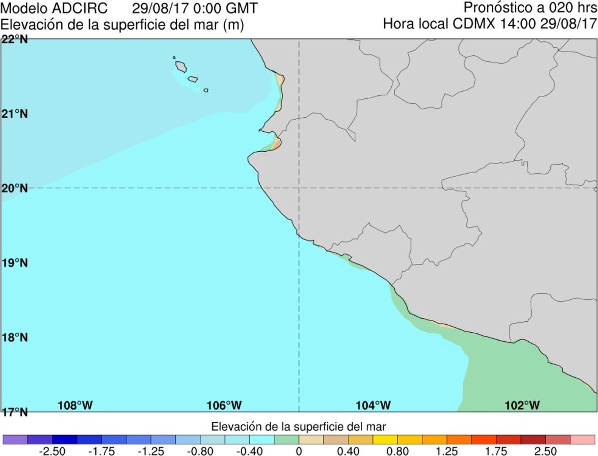 Figura 53. Ejemplo del producto gráfico de elevación de la superficie del mar para el acercamiento a las costas mexicanas en los Estados de Jalisco, Colima y Michoacán (modelo ADCIRC).